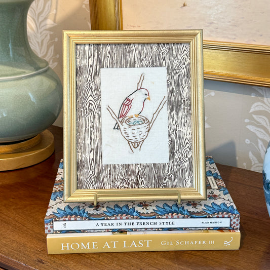 Early 20th Century Bird in Nest Redwork Embroidery on Brown Faux Bois in Gold Frame