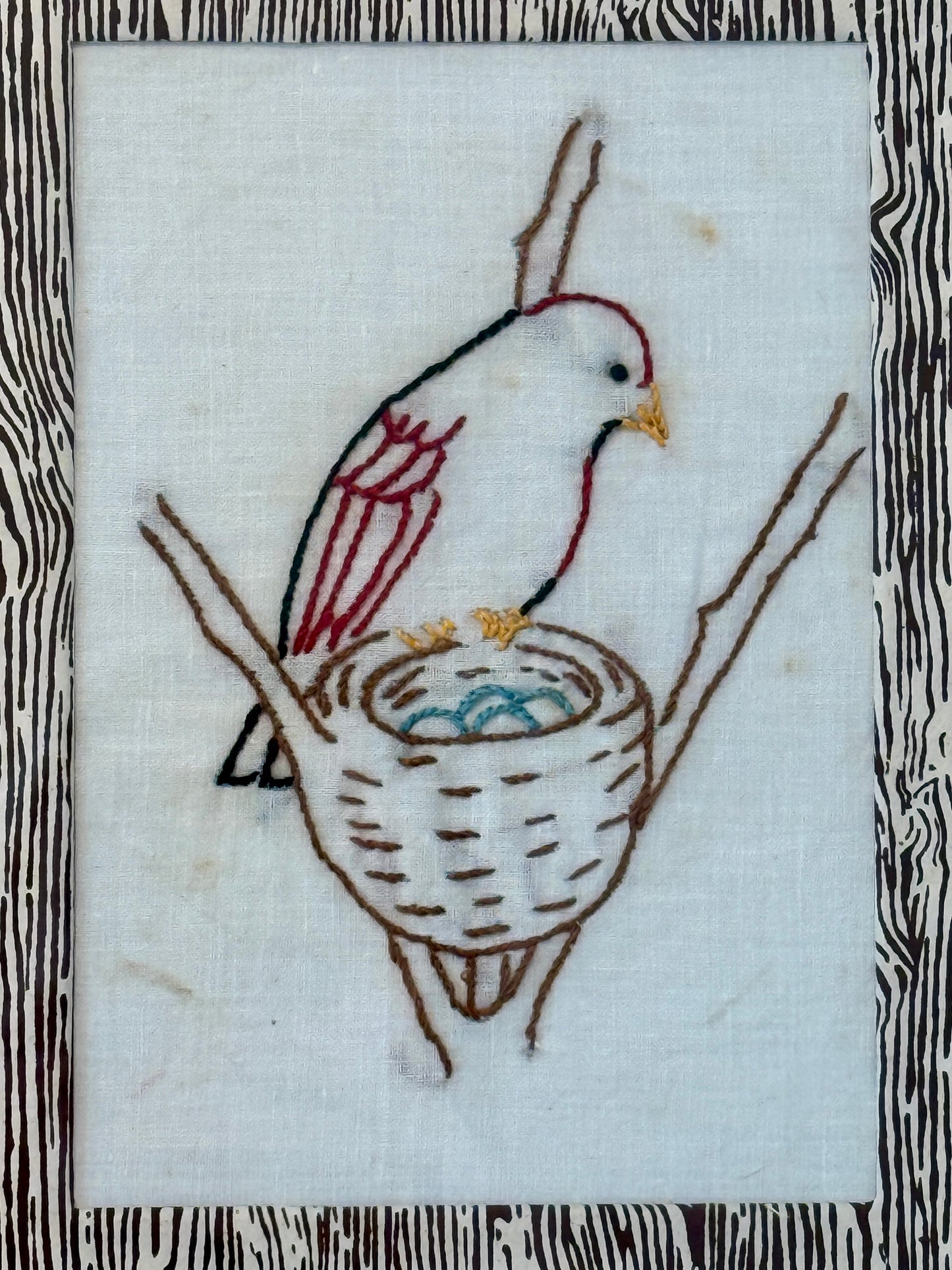 Early 20th Century Bird in Nest Redwork Embroidery on Brown Faux Bois in Gold Frame