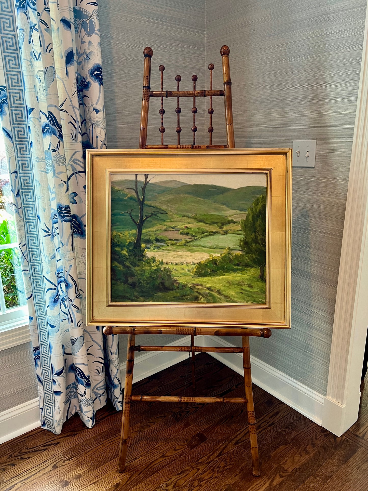 Large Vintage Impressionist Hillside Farm Landscape Painting with Red Barn in Gold Frame