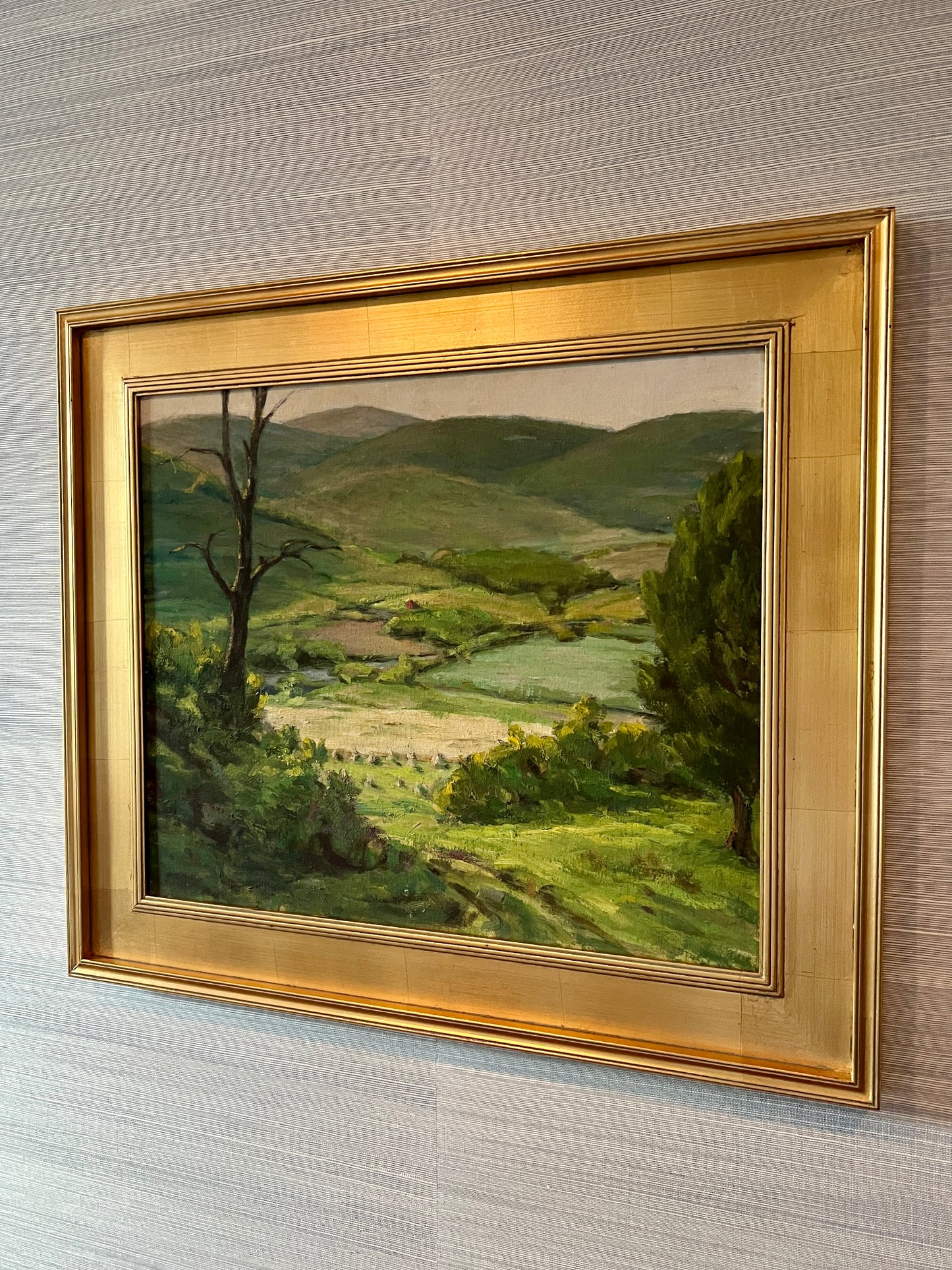 Large Vintage Impressionist Hillside Farm Landscape Painting with Red Barn in Gold Frame