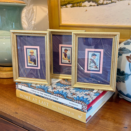 Set of 3 1936 Jockey Tobacco Cards on Purple Hand Marbled Mount in Gold Frames