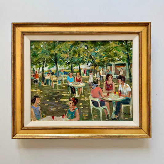 Vintage Lunch in Southampton Cafe Scene Oil Painting in Gold Frame