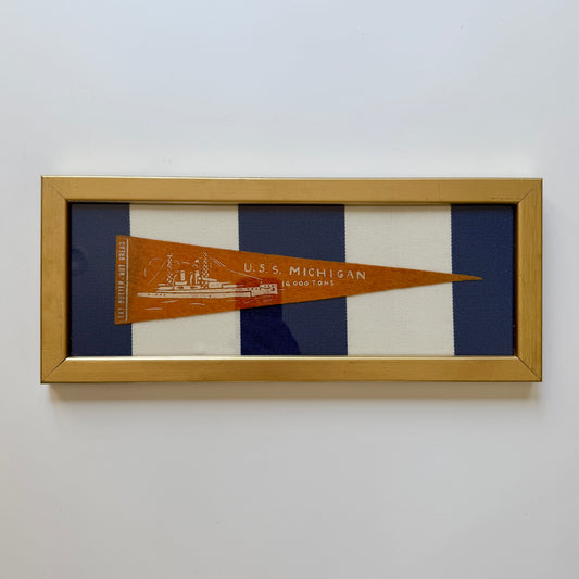 Early 20th Century U.S.S. Michigan Naval Ship Wool Pennant on Navy Striped Awning Fabric in Gold Frame