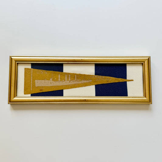 Early 20th Century U.S.S. Lamson Destroyer Naval Ship Wool Pennant on Navy Striped Awning Fabric in Gold Frame