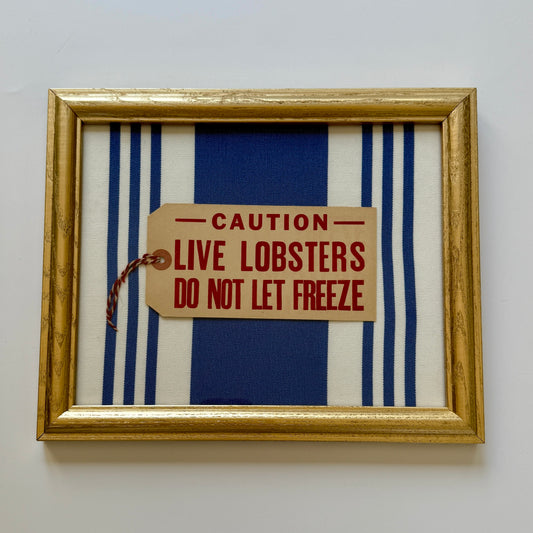 Vintage Maine Live Lobsters Tag on Blue Awning Striped Fabric in Gold Frame