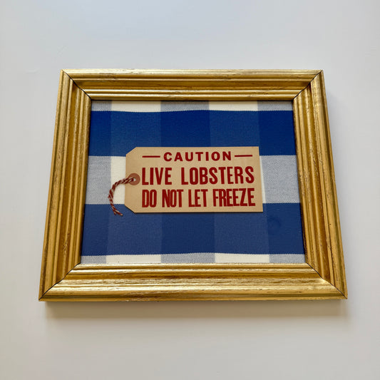 Vintage Maine Live Lobsters Tag on Blue Buffalo Check Fabric in Gold Frame