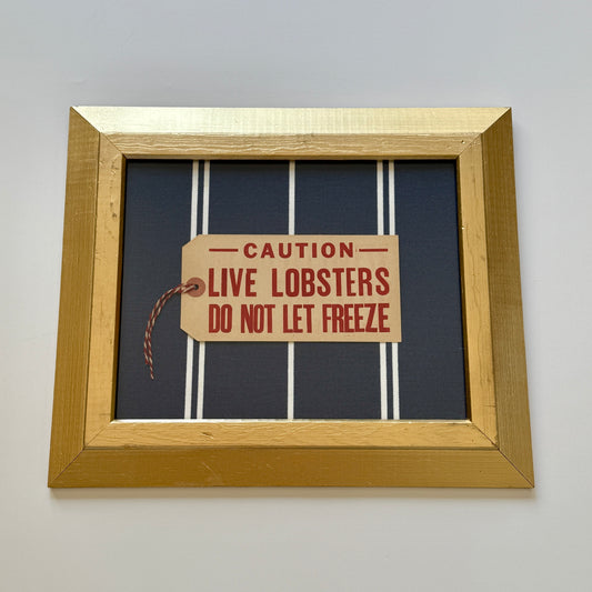 Vintage Maine Live Lobsters Tag on Navy White Striped Fabric in Gold Frame