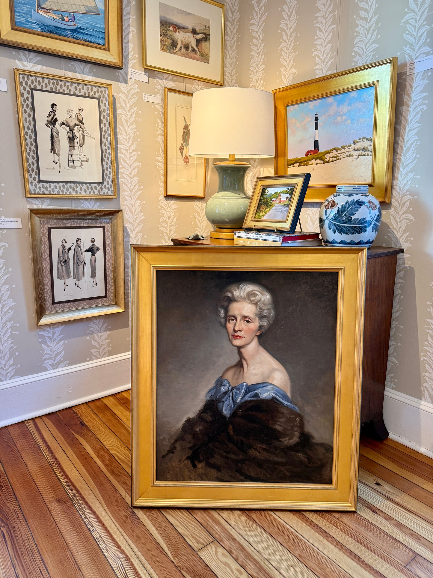 Ronald Lee Anderson Mrs. Anderson in Mink Mid Century Lady Portrait Oil Painting in Gold Frame