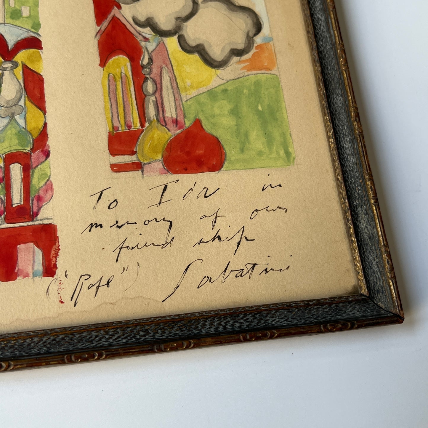 1925 Raphael Sabatini Fantastical Rainbow Kingdom Watercolor Painting in Blue Gold Frame