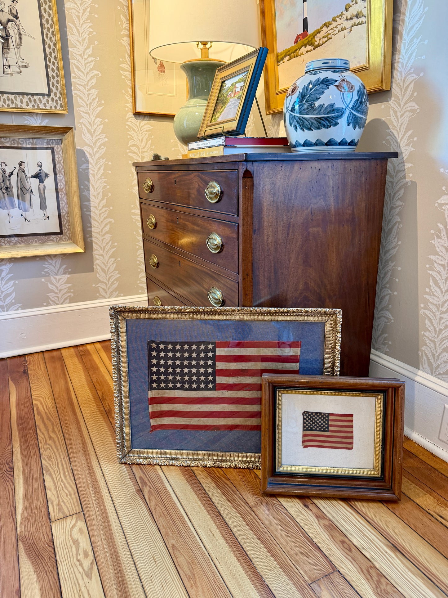 48 Star American Flag on Blue Twill in Ornate Gold Antique Frame