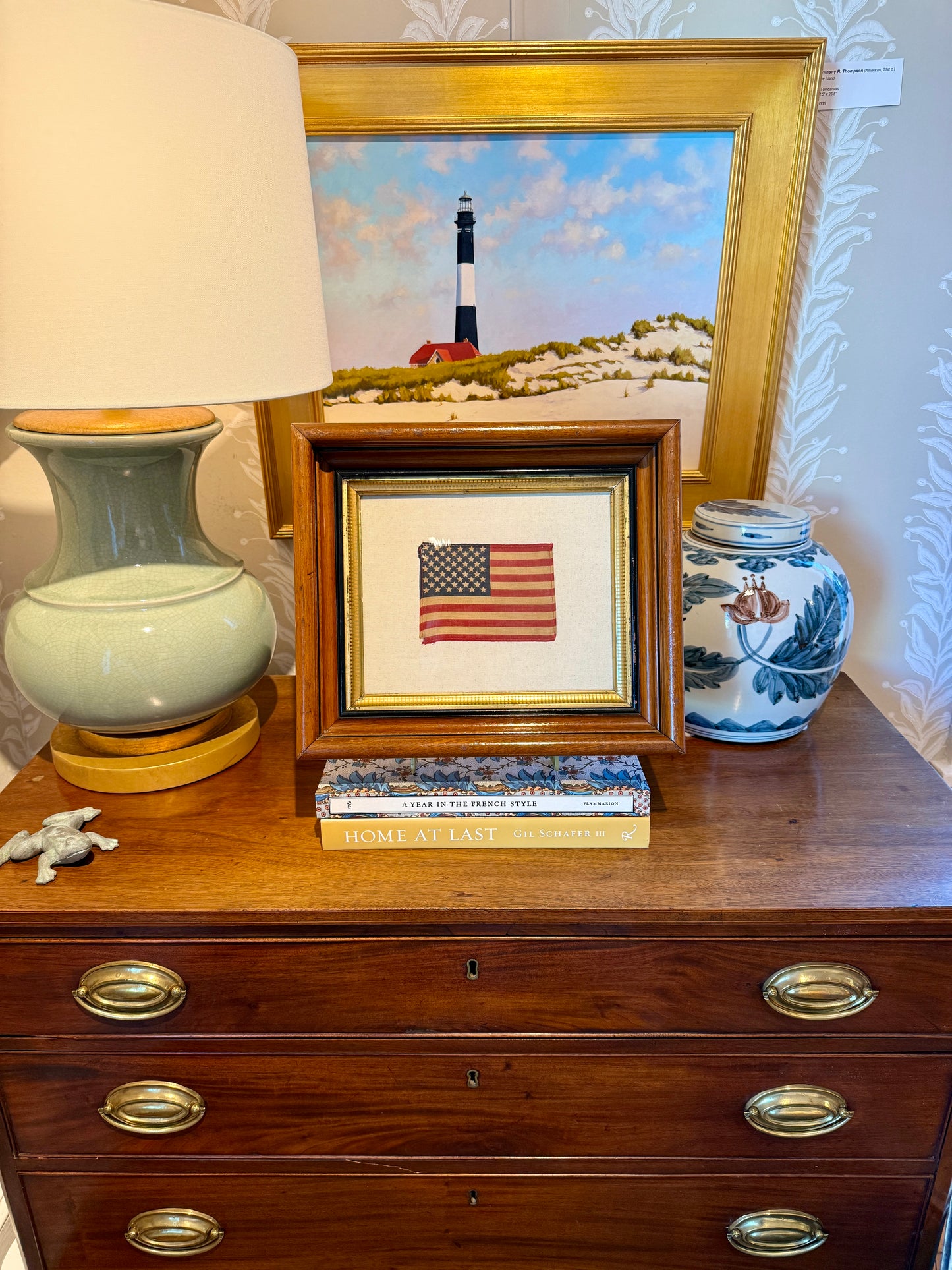 50 Star American Flag on Sail Cloth in Deep 19th Century Wood and Gilded Frame