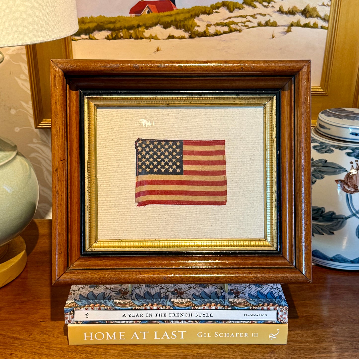 50 Star American Flag on Sail Cloth in Deep 19th Century Wood and Gilded Frame