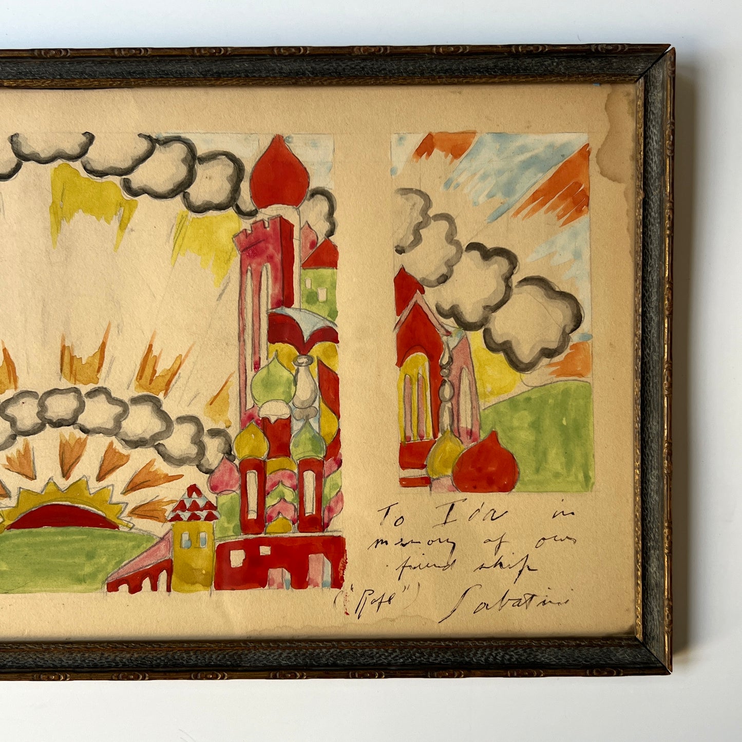 1925 Raphael Sabatini Fantastical Rainbow Kingdom Watercolor Painting in Blue Gold Frame