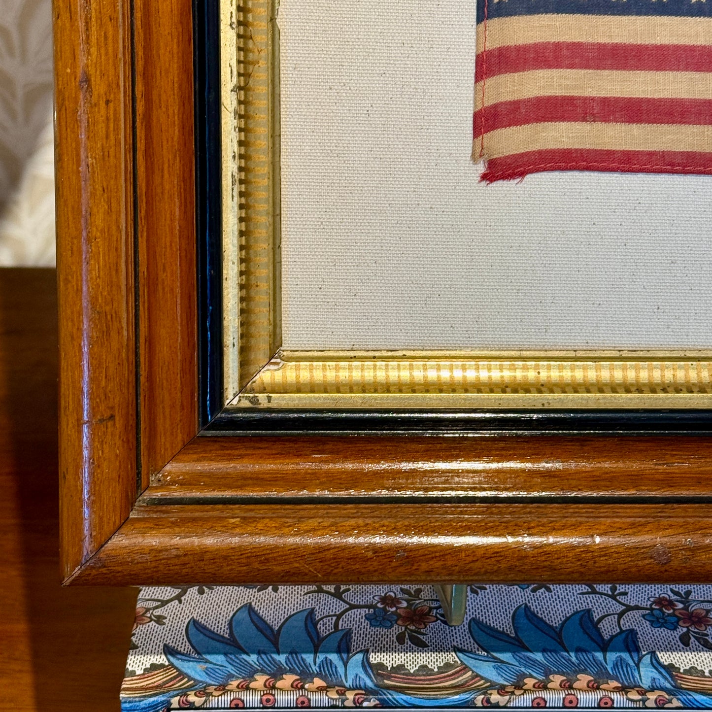 50 Star American Flag on Sail Cloth in Deep 19th Century Wood and Gilded Frame