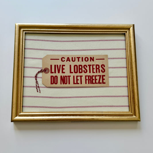 Vintage Maine Live Lobsters Tag on Ivory and Red Striped Fabric in Gold Frame