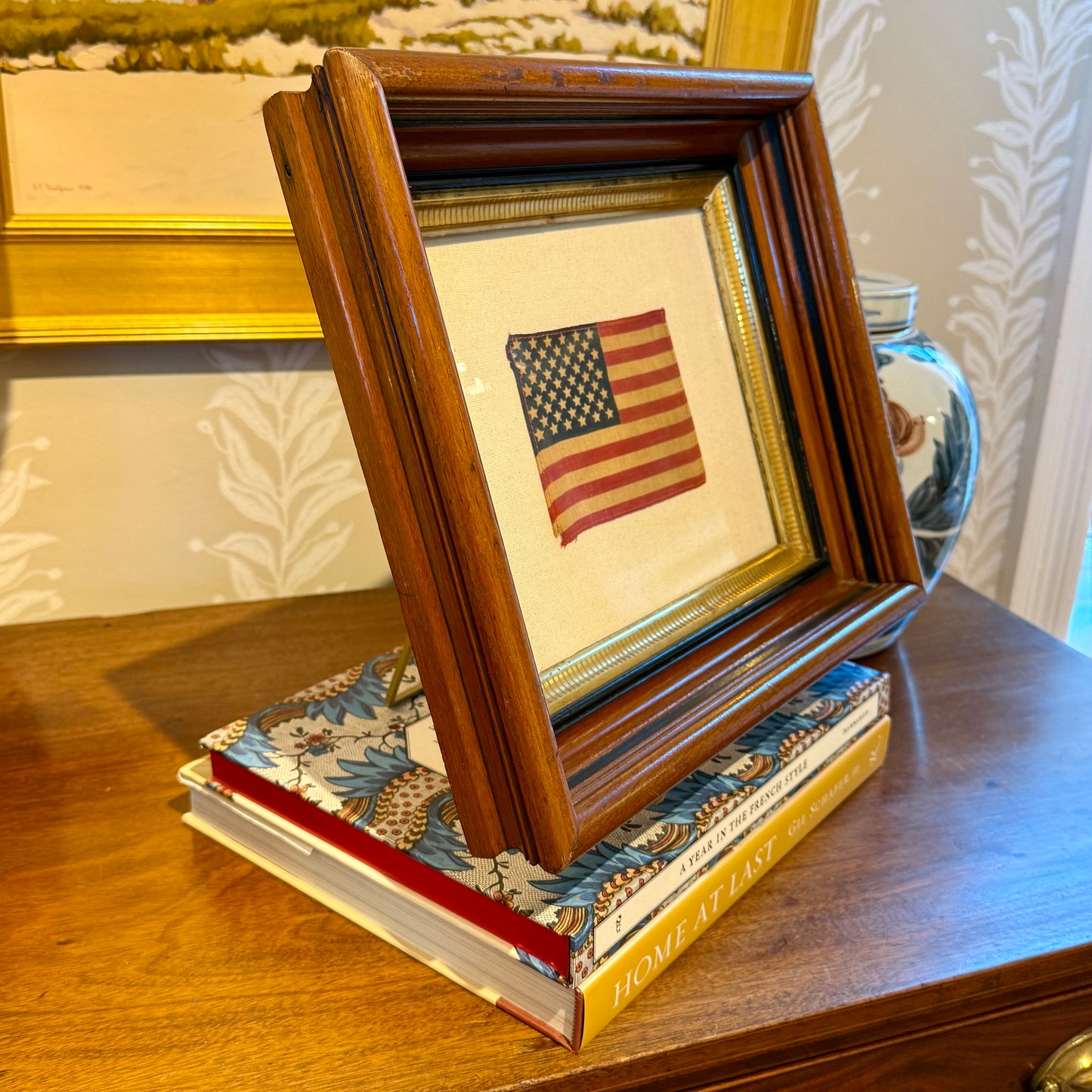50 Star American Flag on Sail Cloth in Deep 19th Century Wood and Gilded Frame