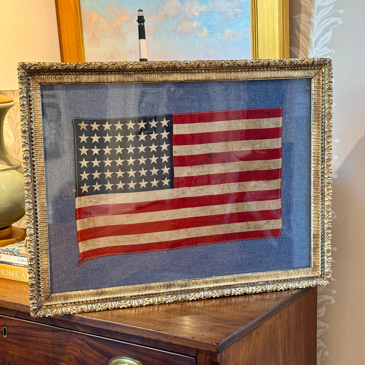 48 Star American Flag on Blue Twill in Ornate Gold Antique Frame
