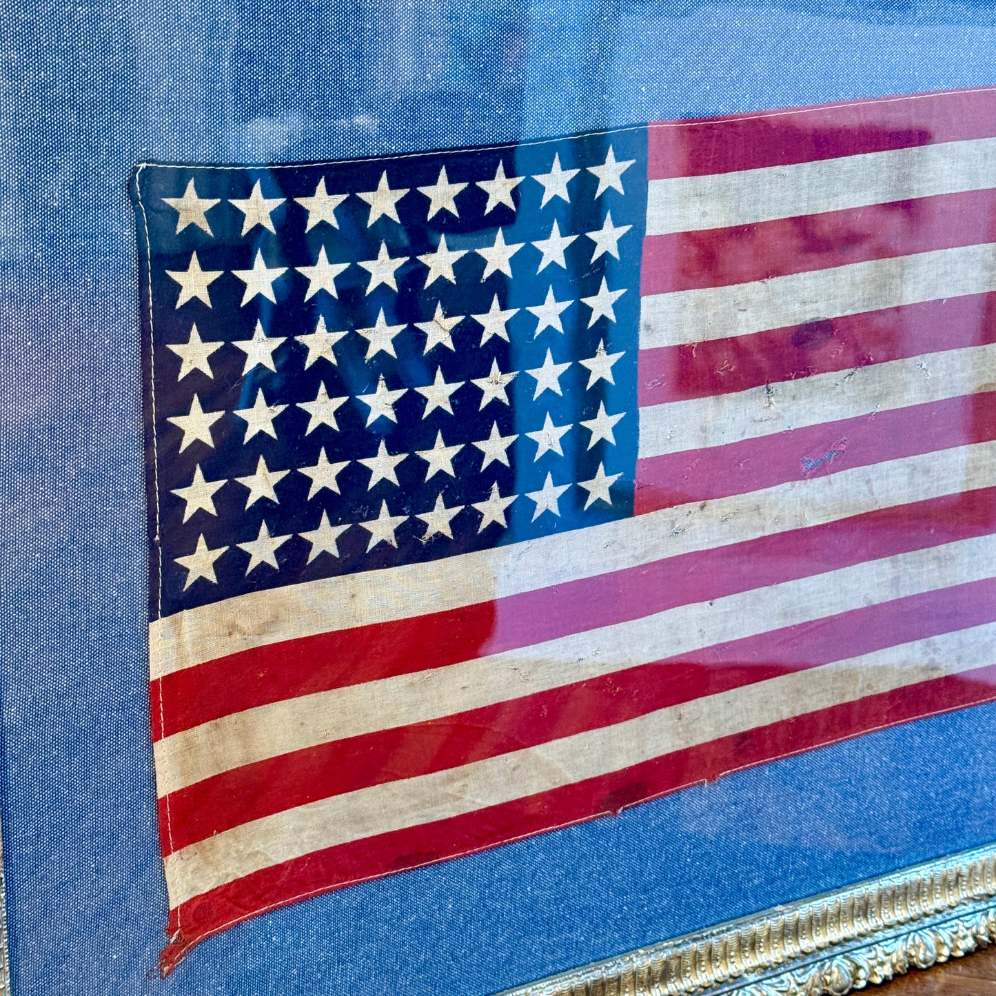 48 Star American Flag on Blue Twill in Ornate Gold Antique Frame