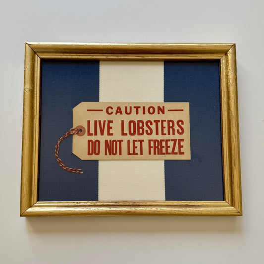 Vintage Maine Live Lobsters Tag on Navy Striped Canvas in Gold Frame