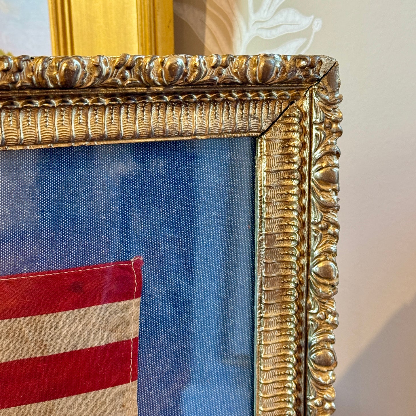 48 Star American Flag on Blue Twill in Ornate Gold Antique Frame