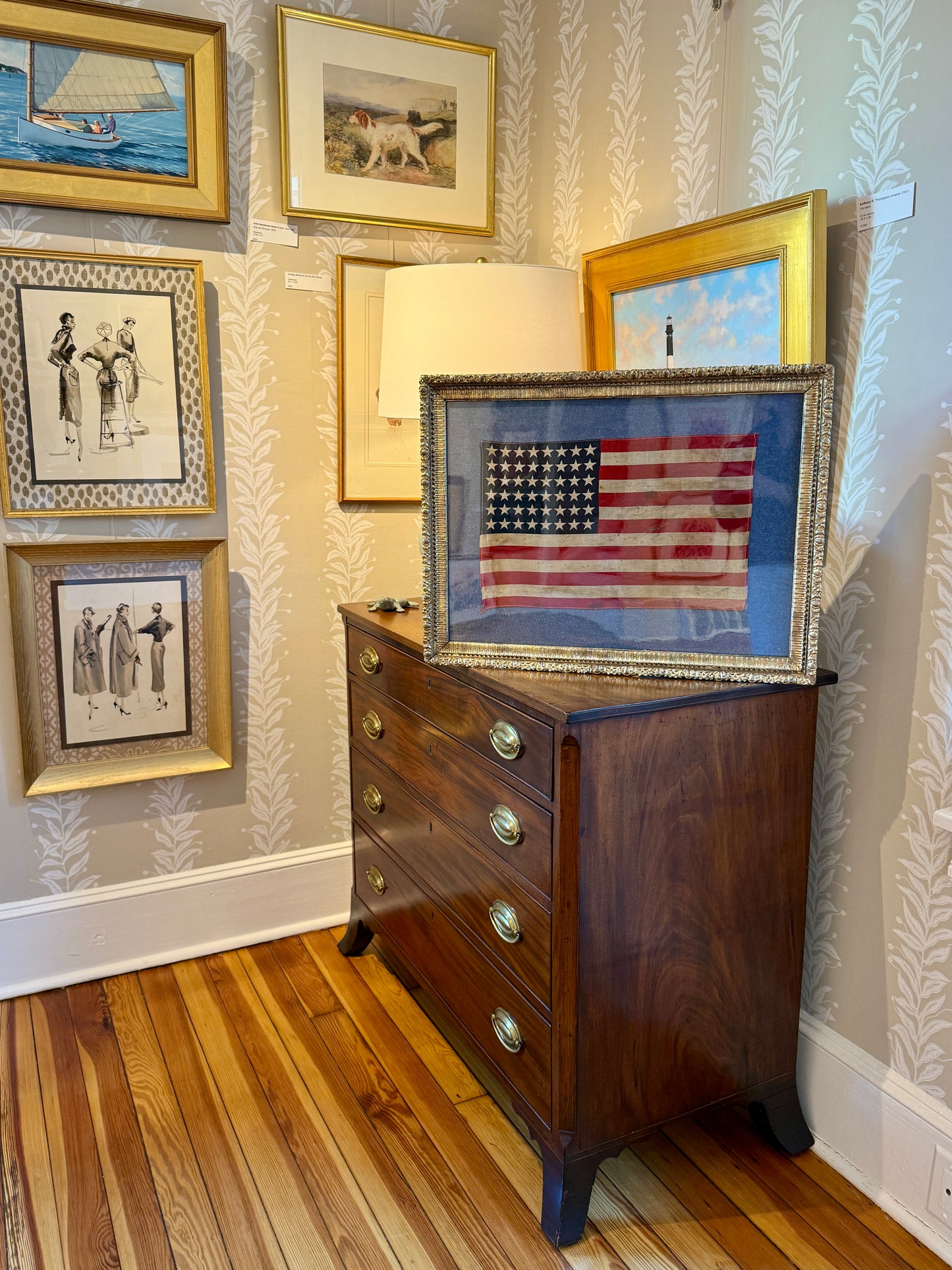 48 Star American Flag on Blue Twill in Ornate Gold Antique Frame