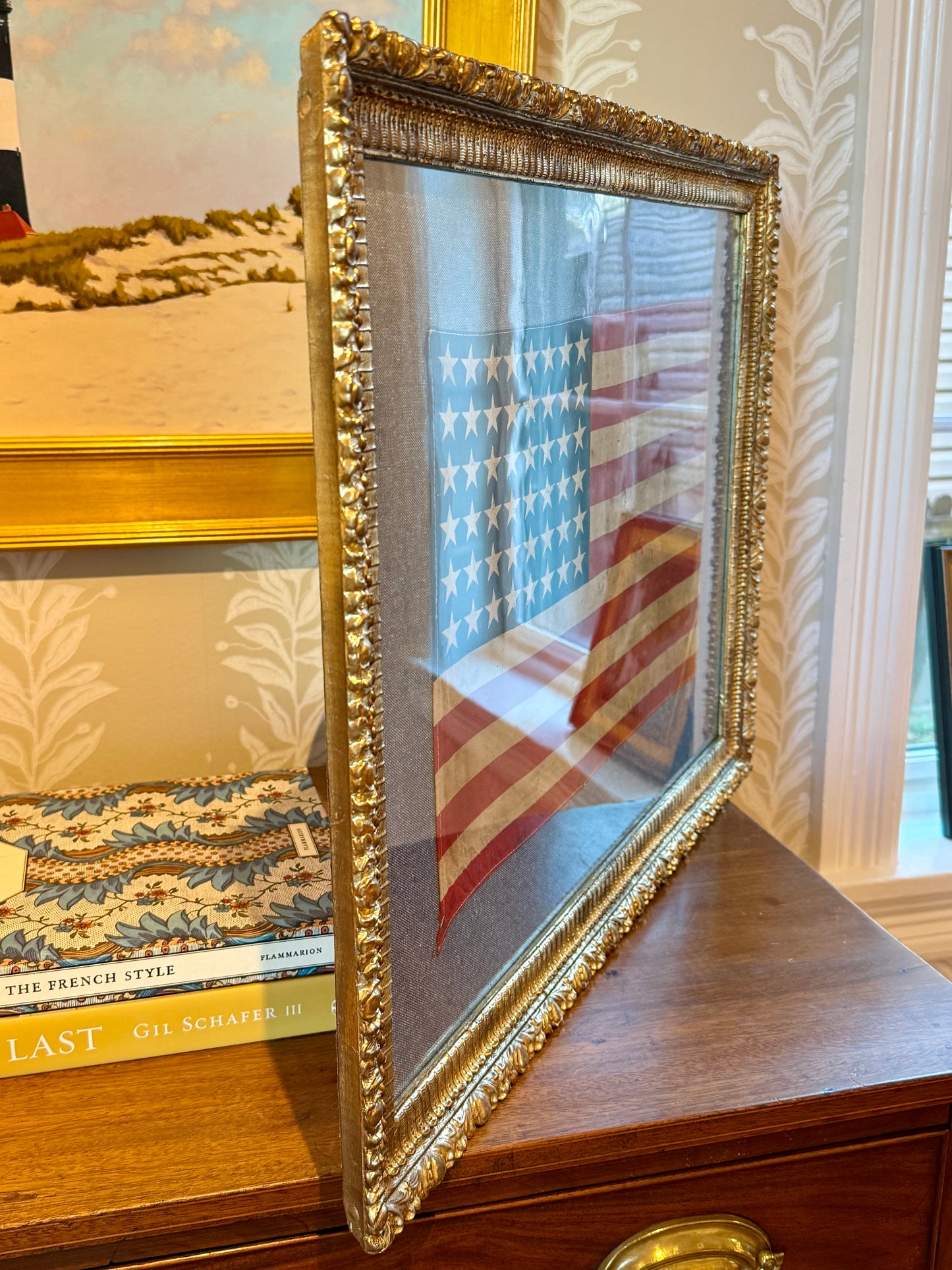 48 Star American Flag on Blue Twill in Ornate Gold Antique Frame