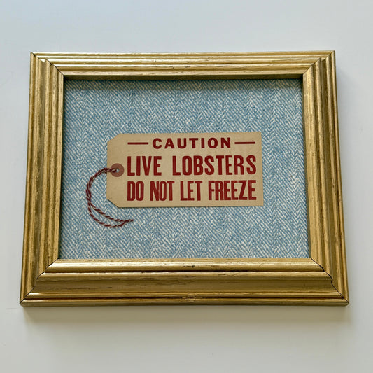 Vintage Maine Live Lobsters Tag on Light Blue Herringbone Fabric in Gold Frame