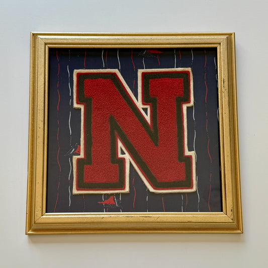 Vintage Large Varsity Initial Letter "N" on Navy Blue Regatta Fabric in Gold Frame
