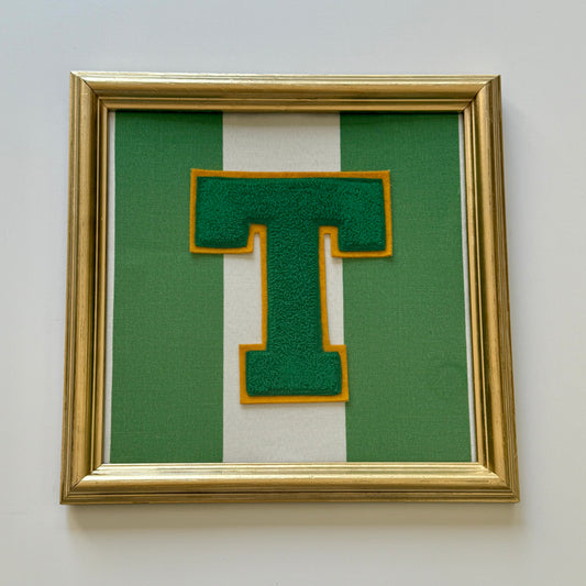 Vintage Large Varsity Initial Letter "T" on Green Awning Striped Fabric in Gold Frame