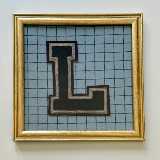 Vintage Large Varsity Initial Letter "L" on Blue Windowpane Fabric in Gold Frame