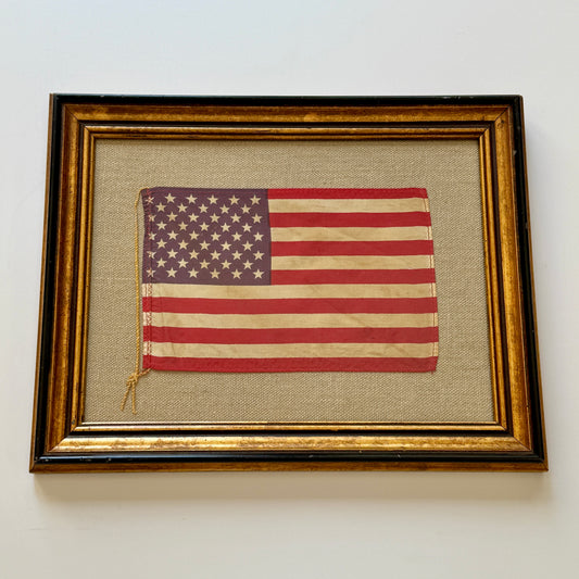 Vintage 50 Staggered Star Silk American Flag on Tan Linen in Gold Frame