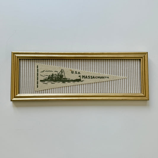 Early 20th Century U.S.S. Massachusetts Naval Ship Wool Pennant on Tan Striped Ticking Fabric in Gold Frame