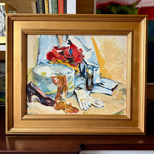 Victoria Donohue Fashion Accesories Hat Box Still Life Oil Painting in Gold Frame