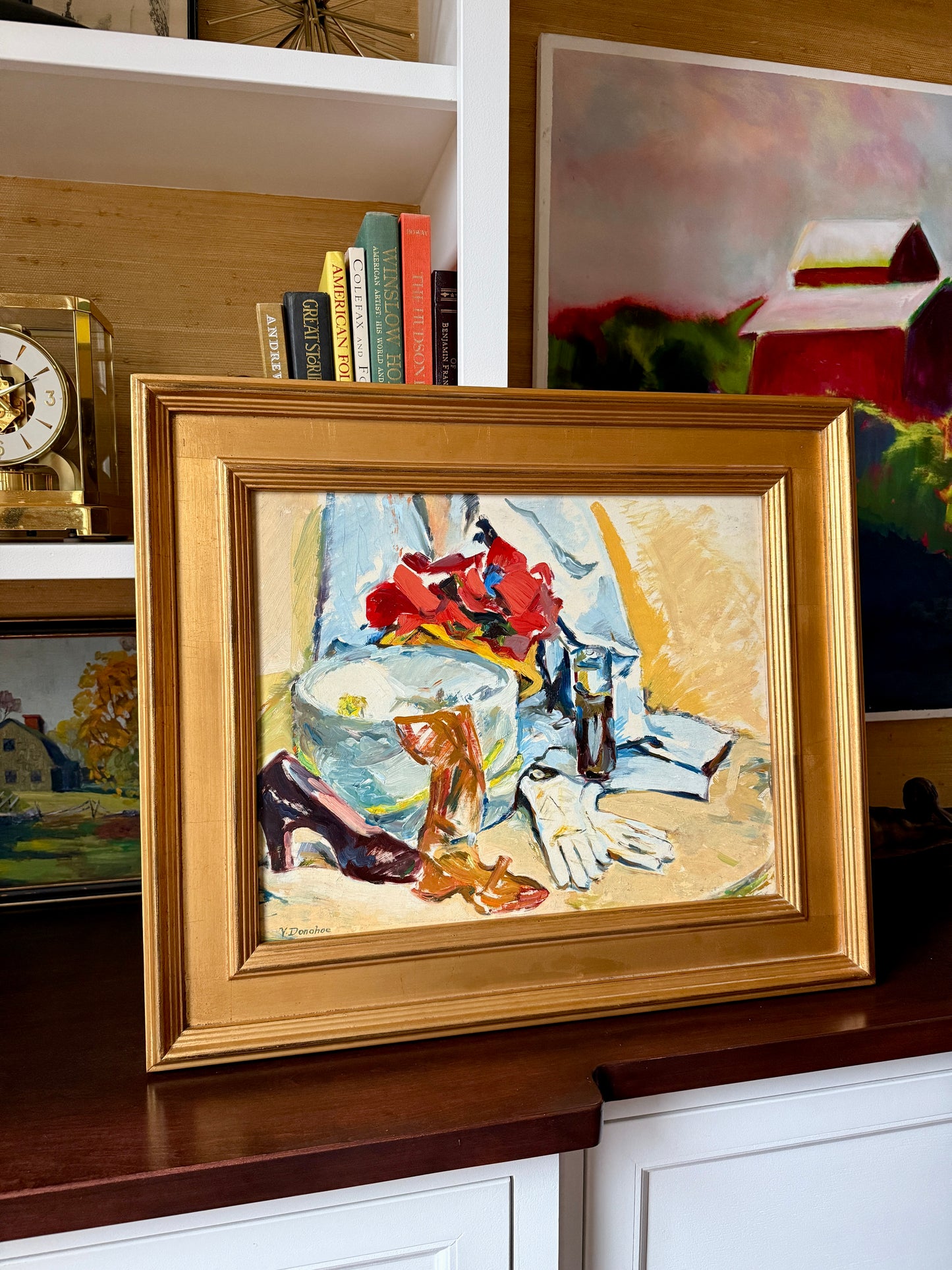 Victoria Donohue Fashion Accesories Hat Box Still Life Oil Painting in Gold Frame