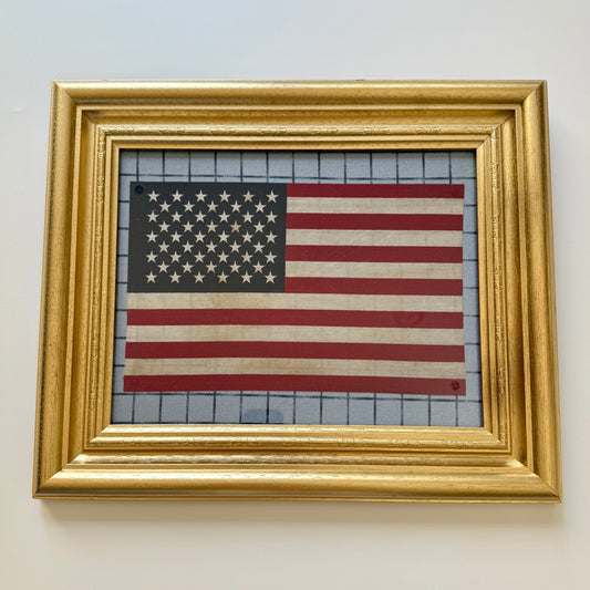 Vintage 50 Staggered Star American Flag on Blue Navy Windowpane Fabric in Gold Carved Frame