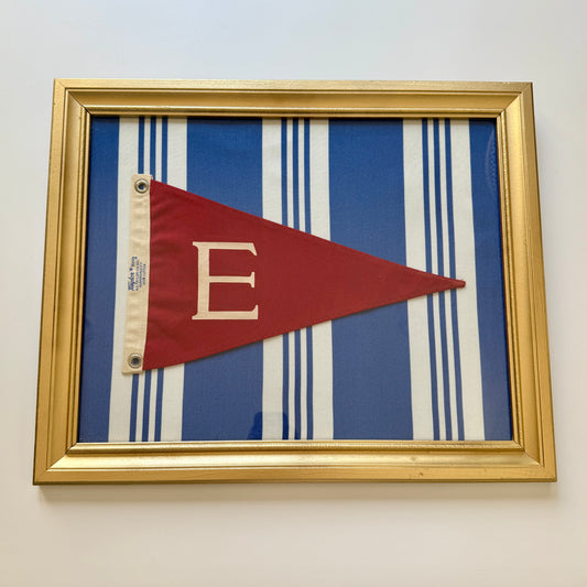 Vintage "E" Initial Burgee Nautical Flag on Blue White Striped Canvas Fabric in Gold Frame