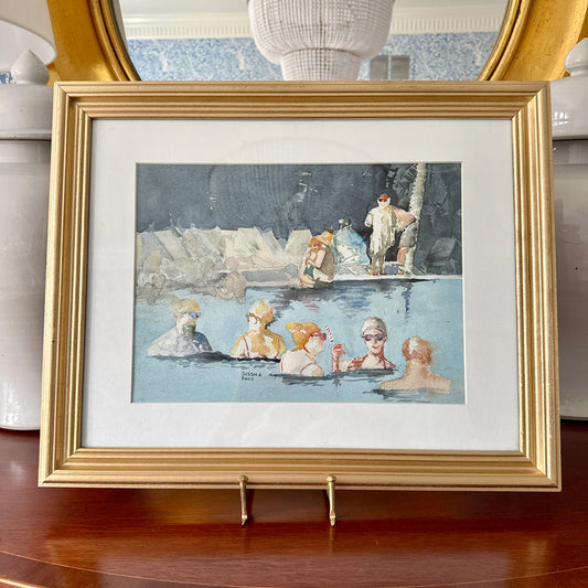 Robert Sussna Pool Party Watercolor in Gold Frame