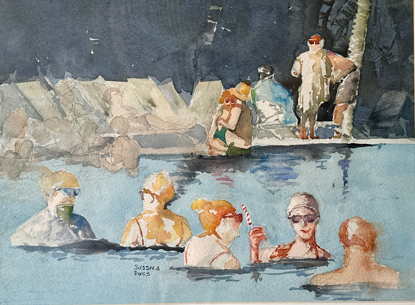 Robert Sussna Pool Party Watercolor in Gold Frame