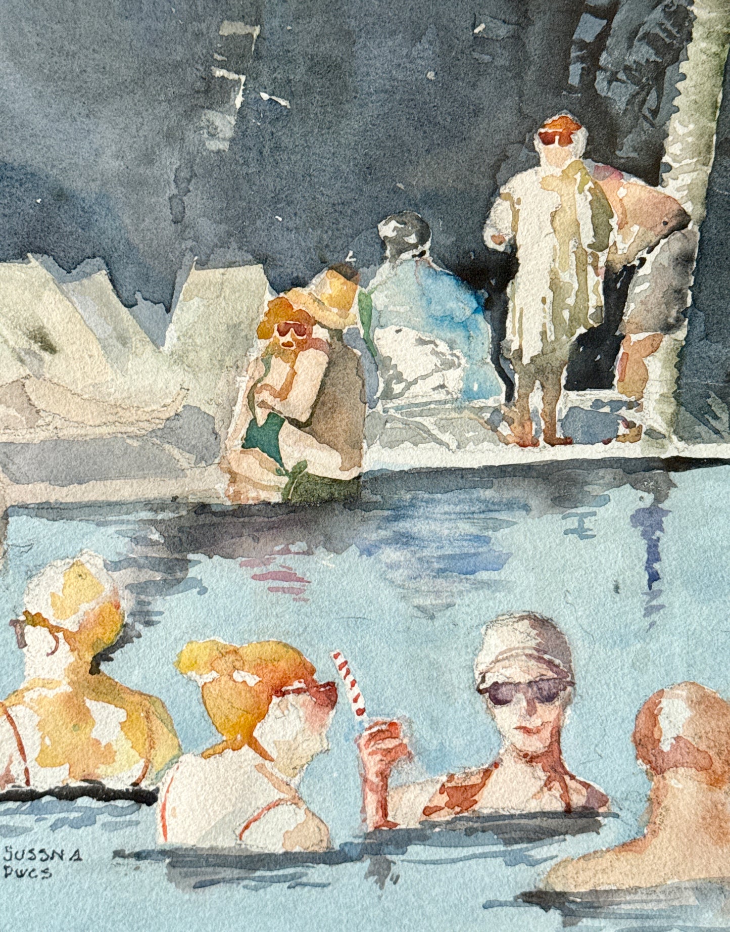 Robert Sussna Pool Party Watercolor in Gold Frame