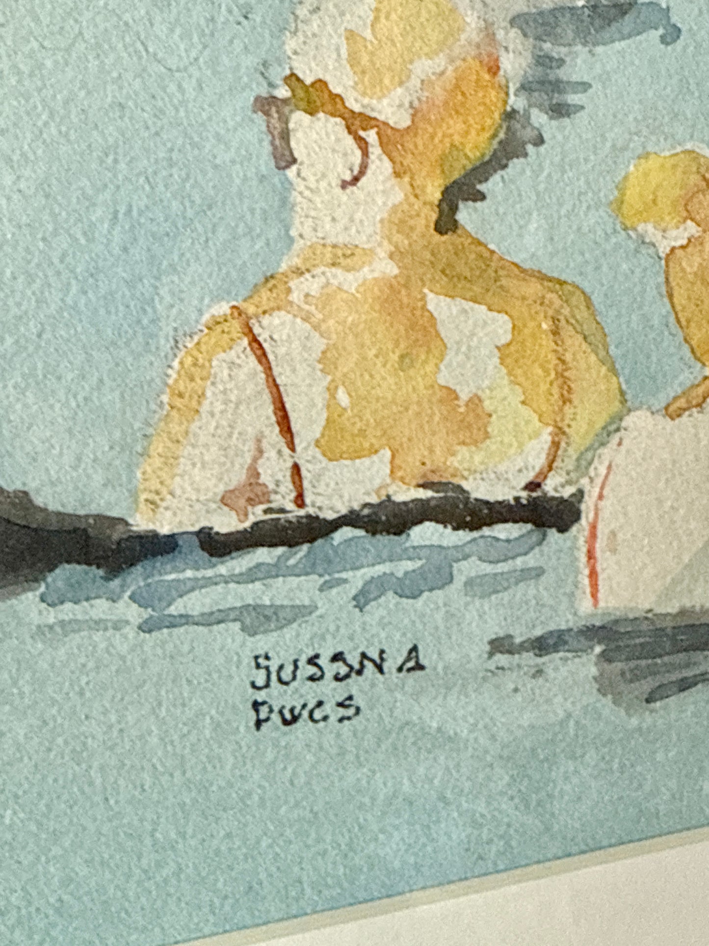 Robert Sussna Pool Party Watercolor in Gold Frame