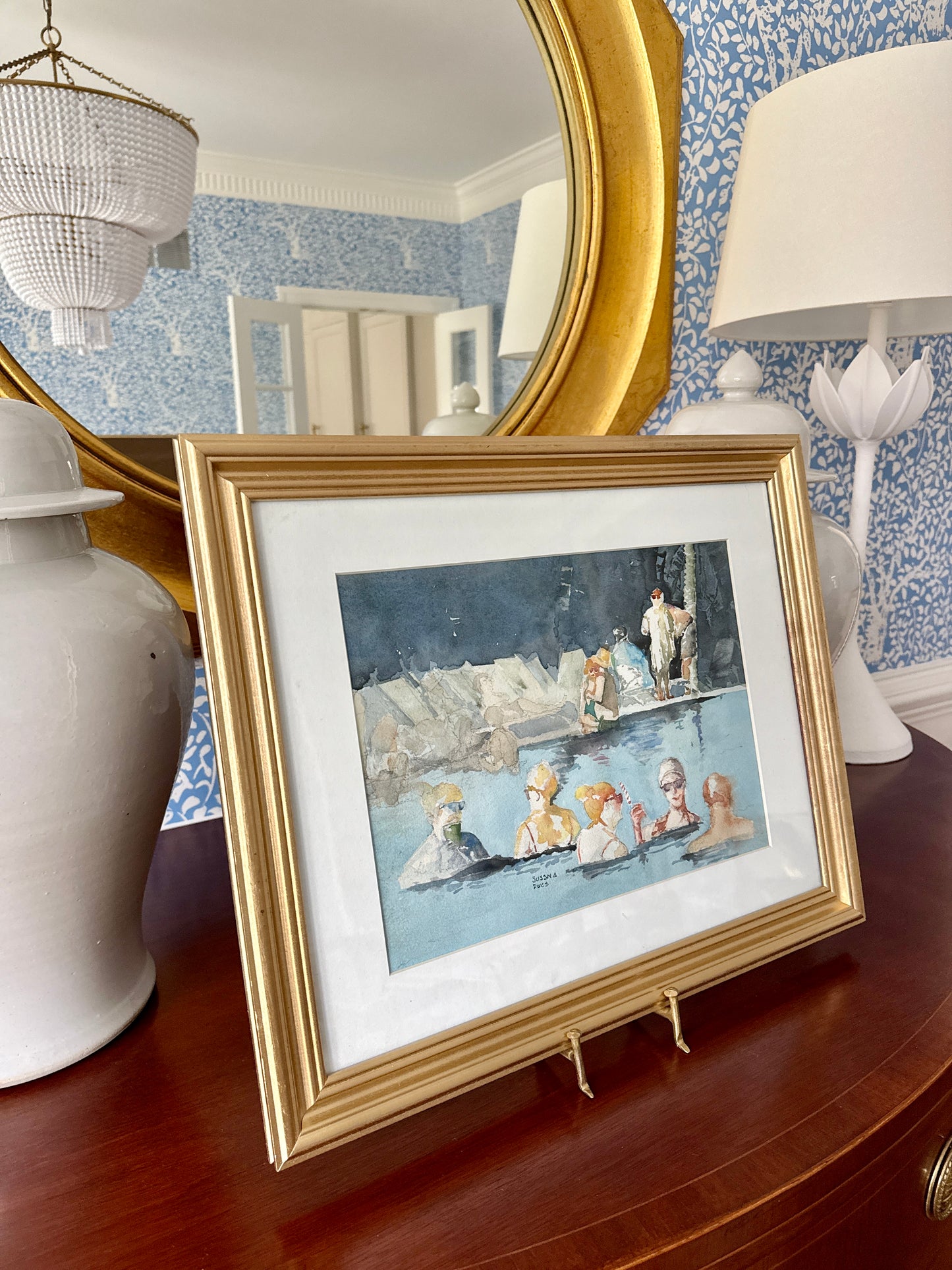 Robert Sussna Pool Party Watercolor in Gold Frame