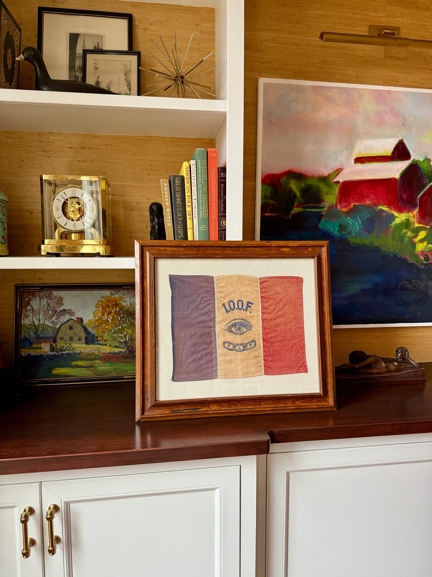 Antique International Order of Oddfellows All-Seeing Eye Flag (IOOF) on Ivory Twill in Wood Frame