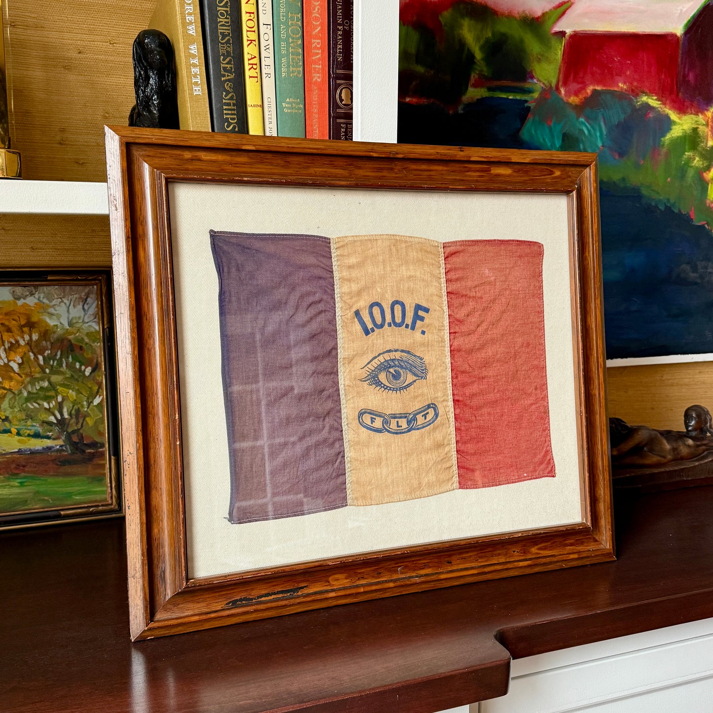 Antique International Order of Oddfellows All-Seeing Eye Flag (IOOF) on Ivory Twill in Wood Frame