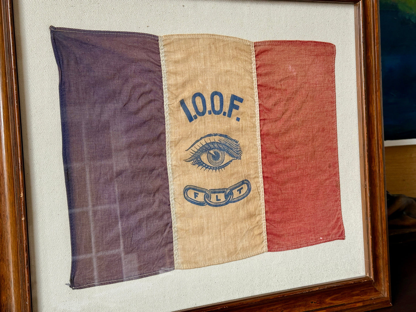 Antique International Order of Oddfellows All-Seeing Eye Flag (IOOF) on Ivory Twill in Wood Frame