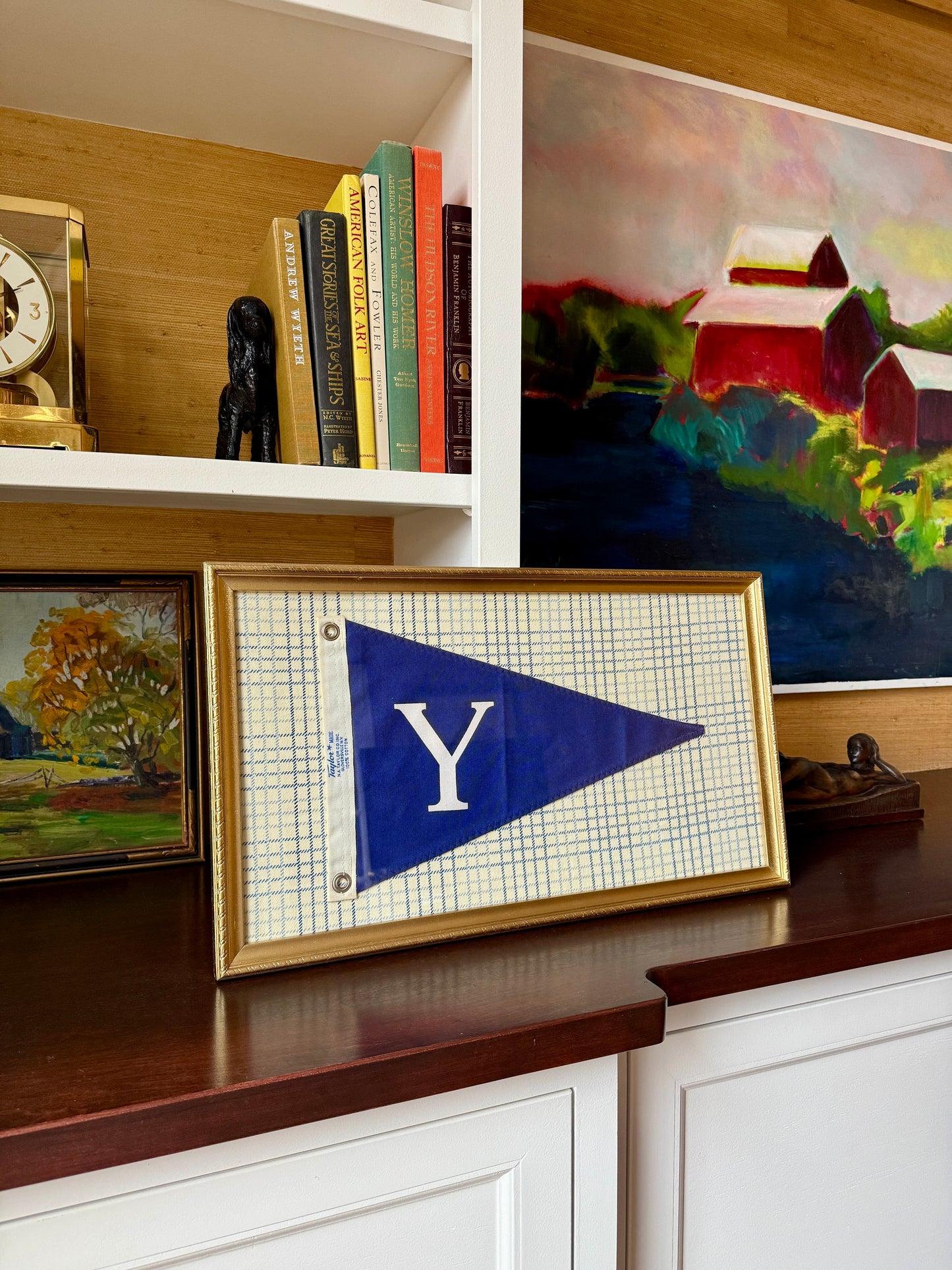 Vintage "Y" Initial Canvas Burgee Nautical Flag on Jane Churchill Plaid  in Gold Frame