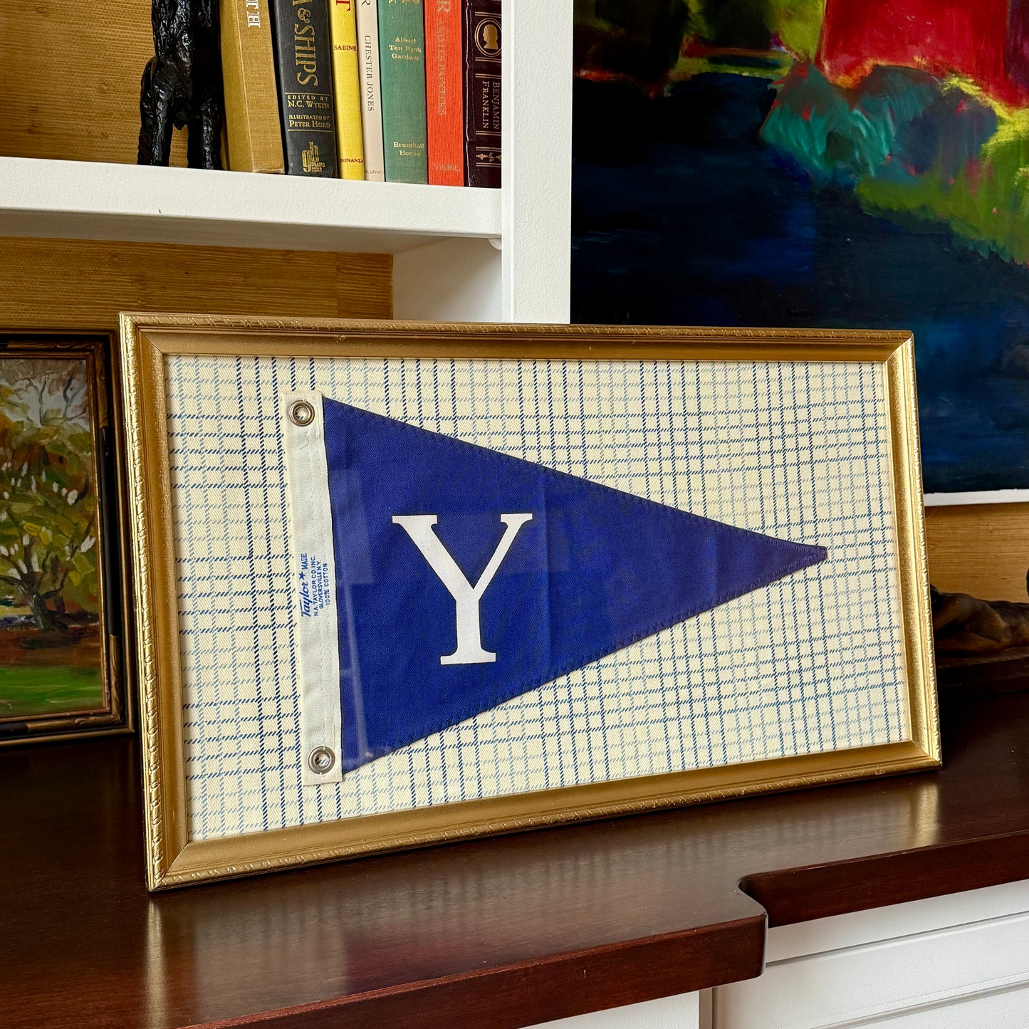 Vintage "Y" Initial Canvas Burgee Nautical Flag on Jane Churchill Plaid  in Gold Frame