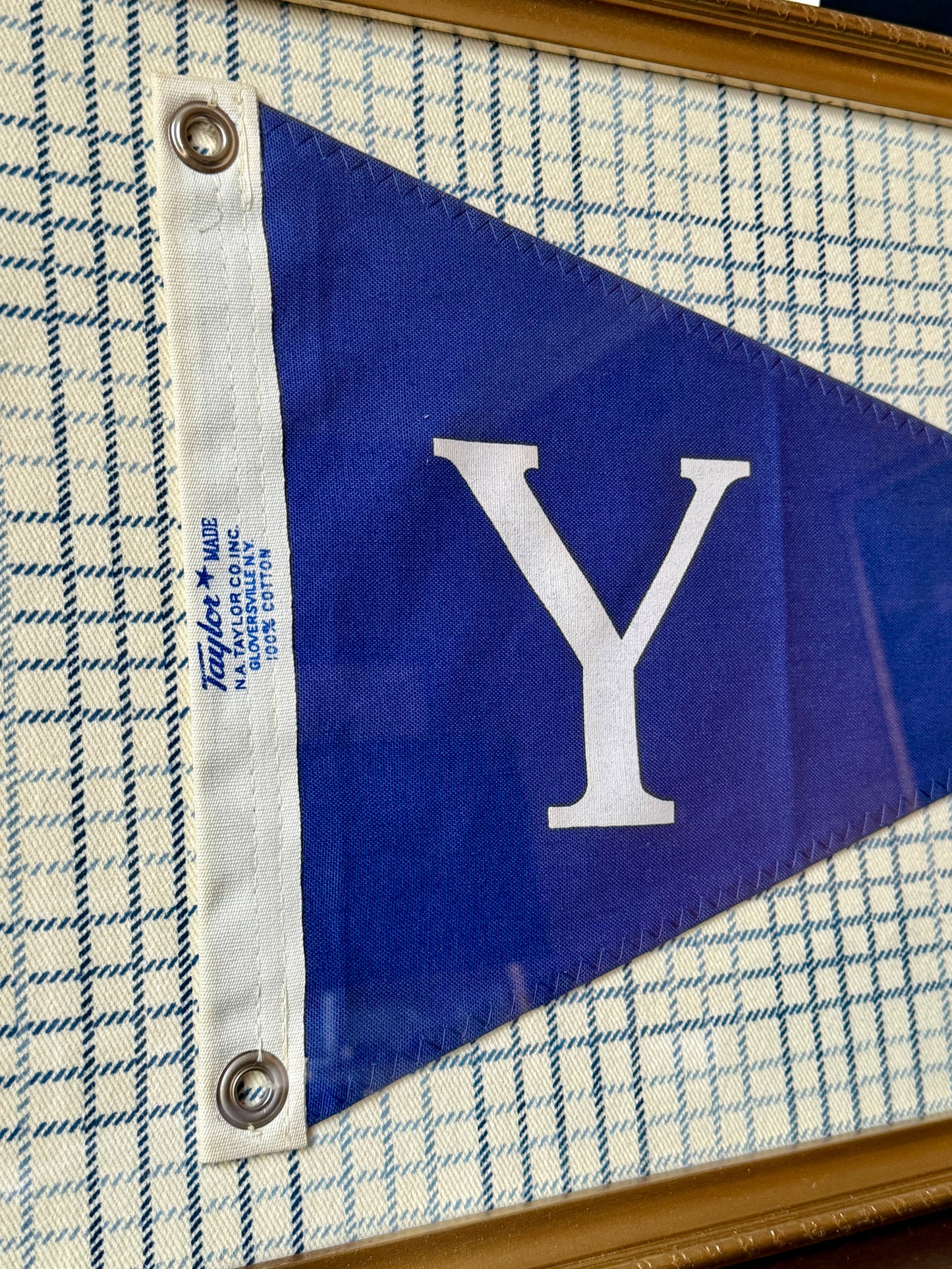 Vintage "Y" Initial Canvas Burgee Nautical Flag on Jane Churchill Plaid  in Gold Frame