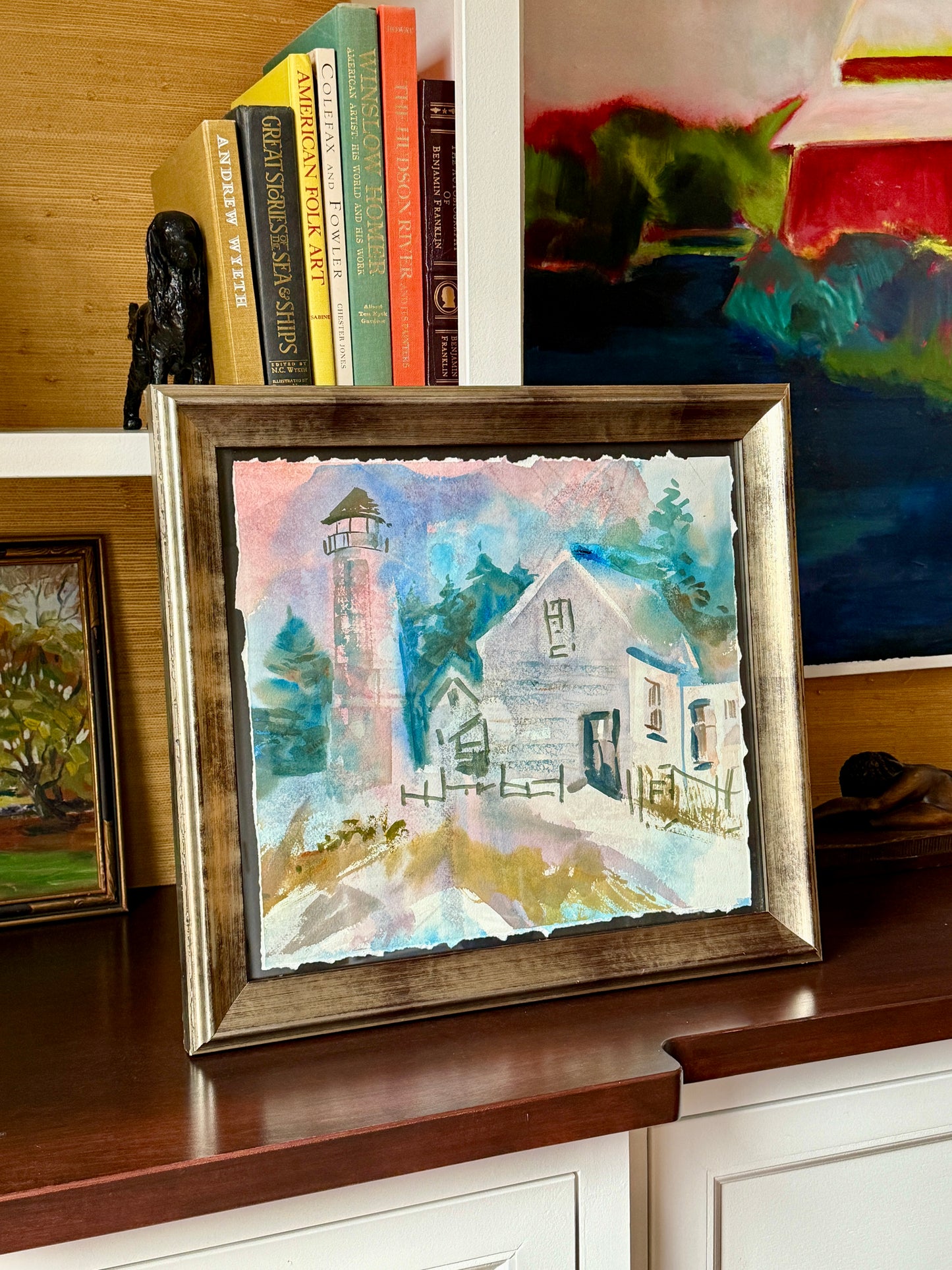 Julie A. Blanchard Cape Code Expressionist Coastal Lighthouse Landscape Watercolor in Silver Frame