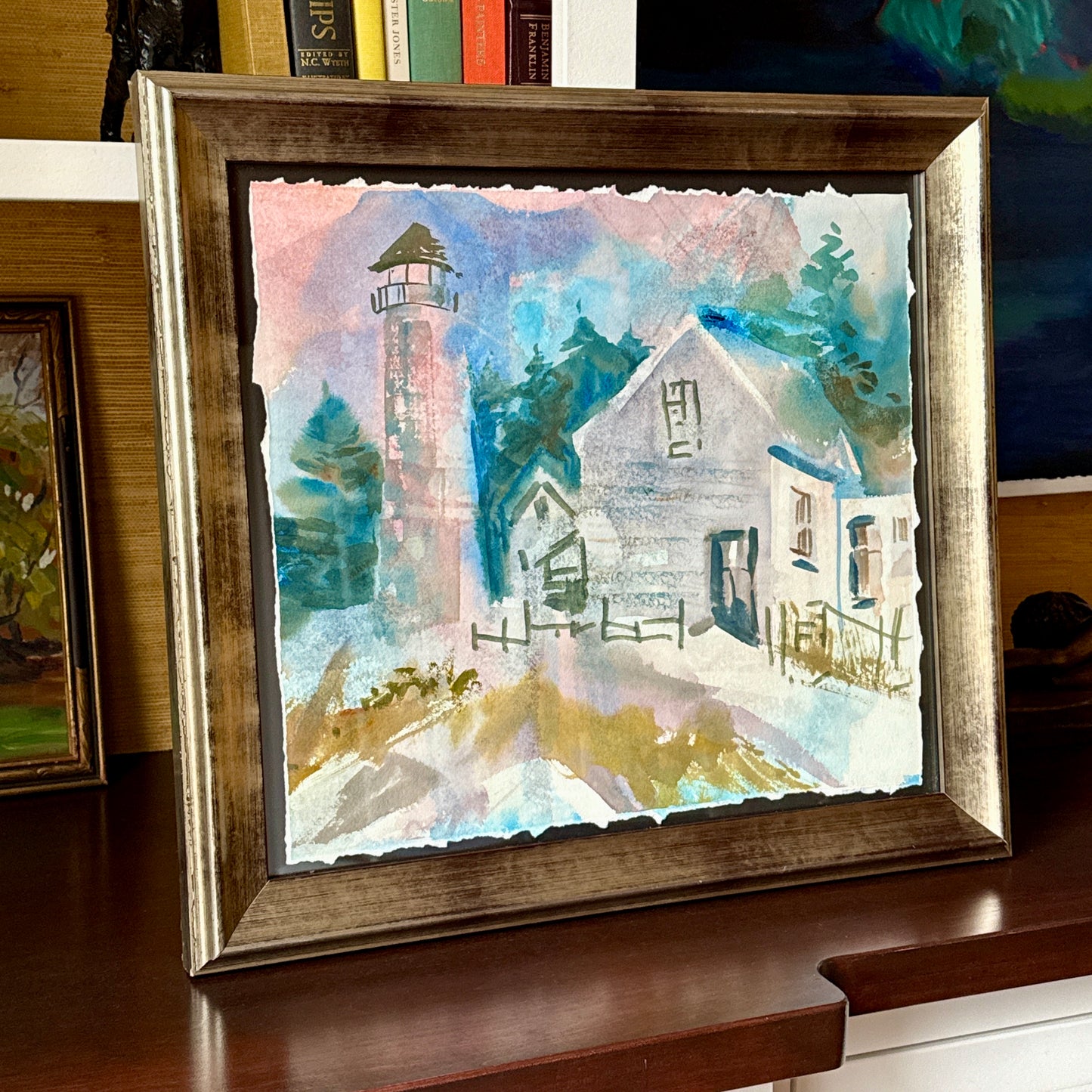 Julie A. Blanchard Cape Code Expressionist Coastal Lighthouse Landscape Watercolor in Silver Frame