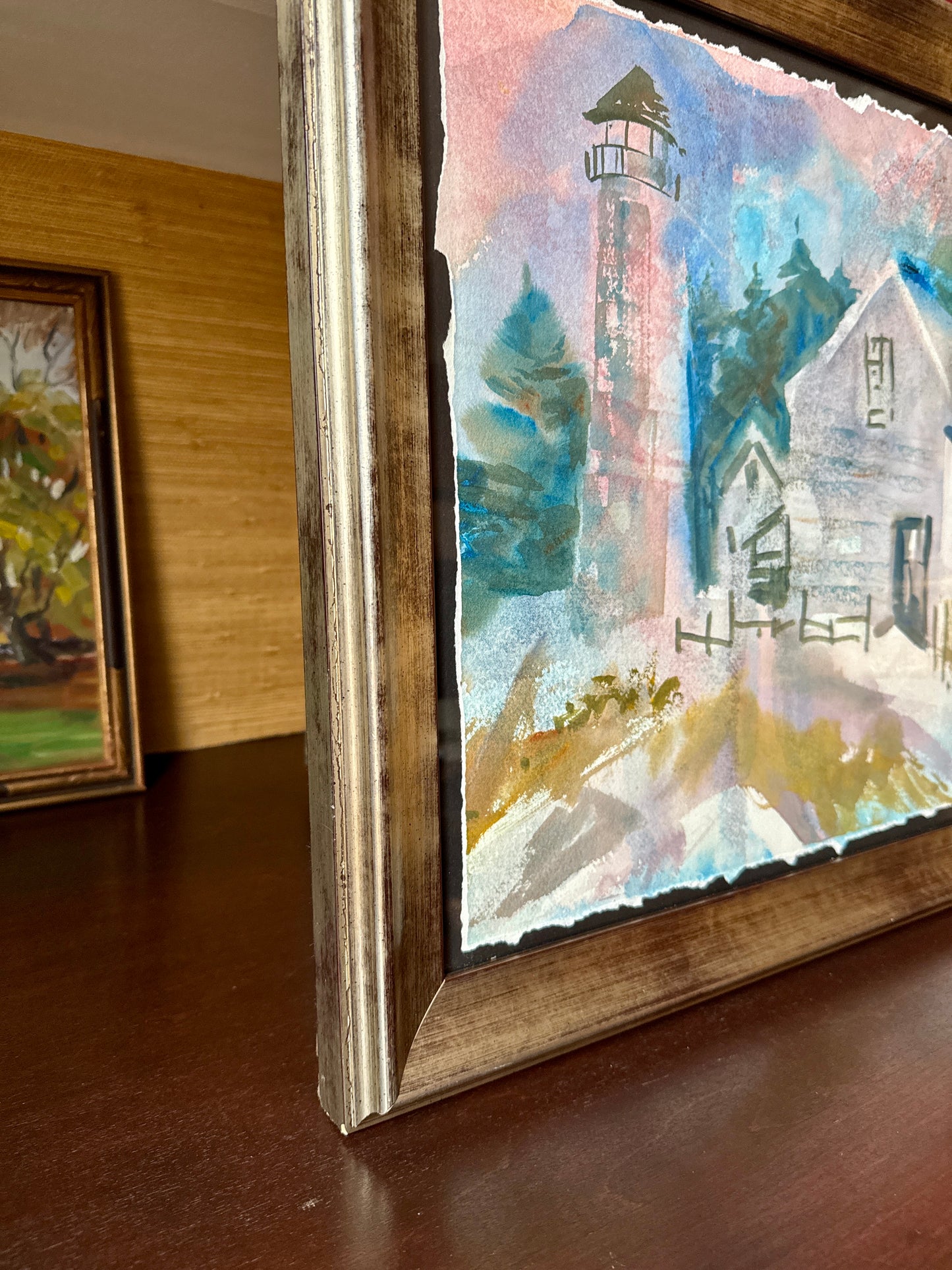 Julie A. Blanchard Cape Code Expressionist Coastal Lighthouse Landscape Watercolor in Silver Frame